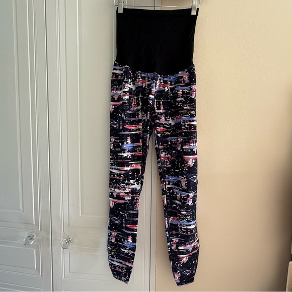 Motherhood Maternity Pants Sz L Black Purple Retro Print Stretch PullOn Leggings - Picture 1 of 5
